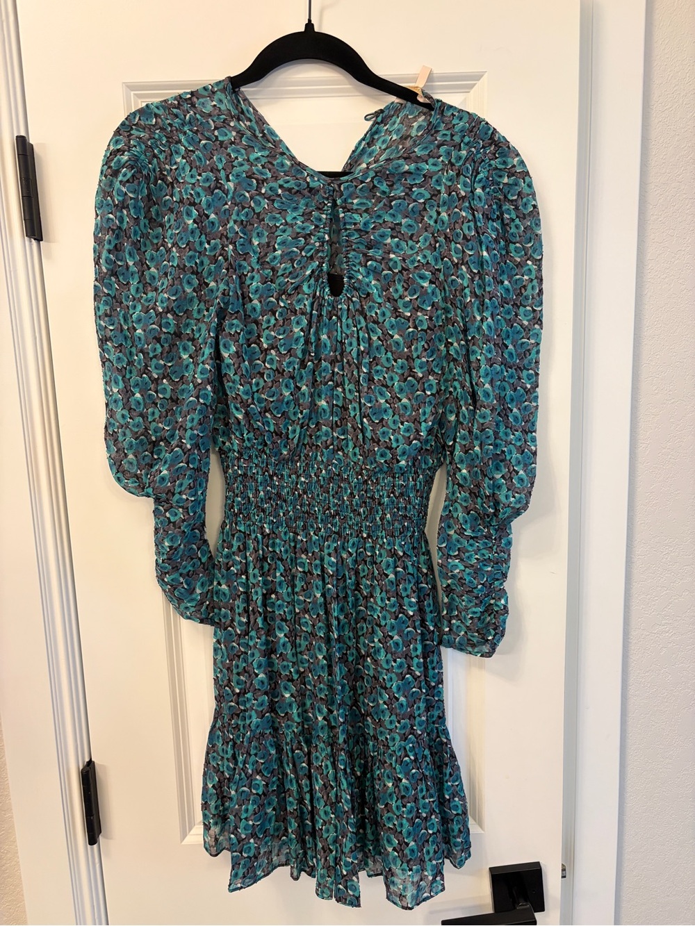 Rebecca Taylor Teal Floral Long-Sleeve Smocked Dress